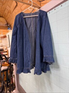 Denim Open-Front Ruffle-Hem Jean Jacket - Blue